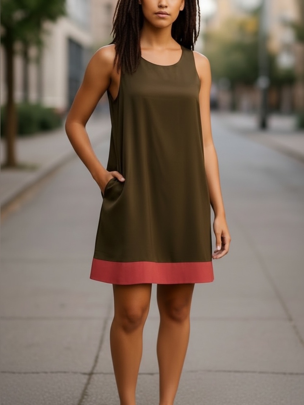 Matty M | 100% Silk Shift Dress In Military/Guava - Quiet Luxury - Pockets - NWT